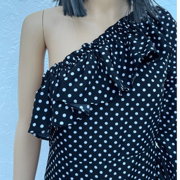 Nasty Gal Collection Womens Ruffle One Shoulder Polka Dot Dress Black Sz 4 - Picture 8 of 9